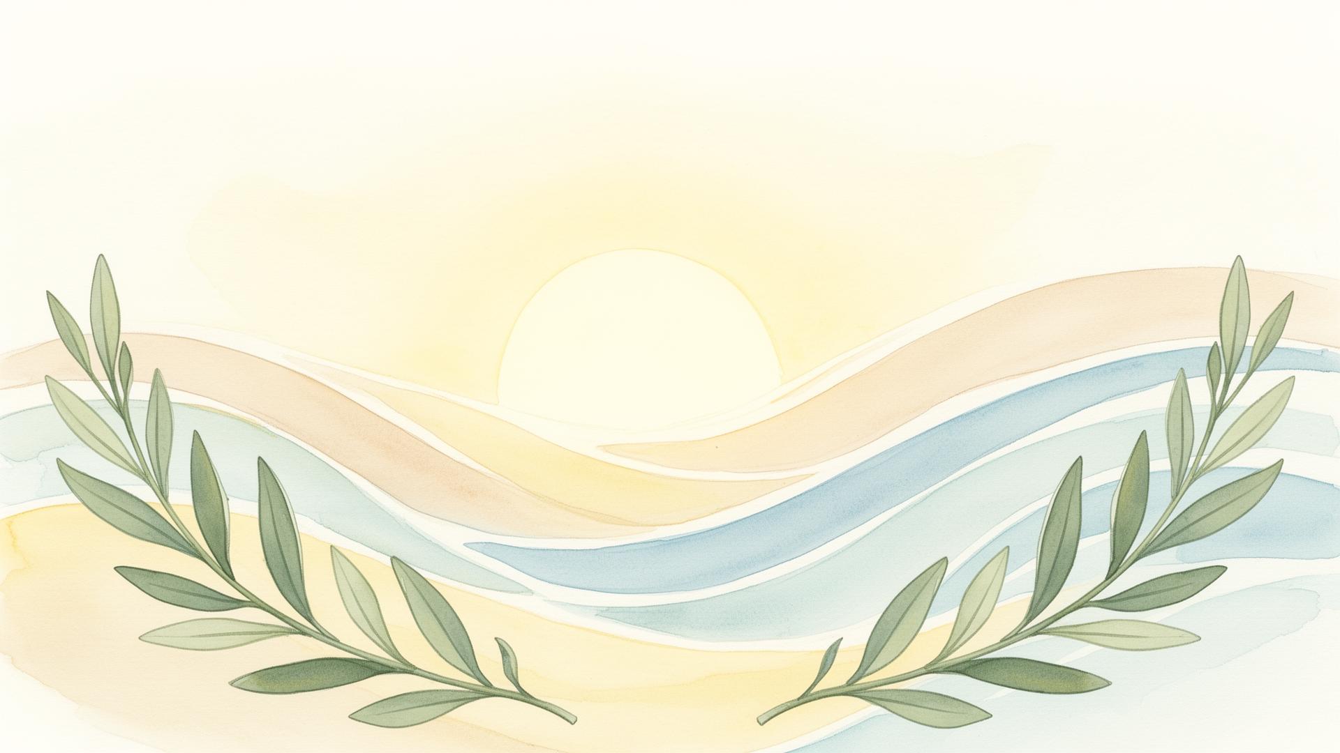 Sommerliche Aquarell-Illustration mit Sonne, Wellen und Blättern